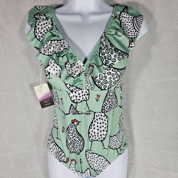 Averie Retro One Piece Swimsuit Country Hen Print Celeste Annelise SMALL - NWT - Picture 1 of 5